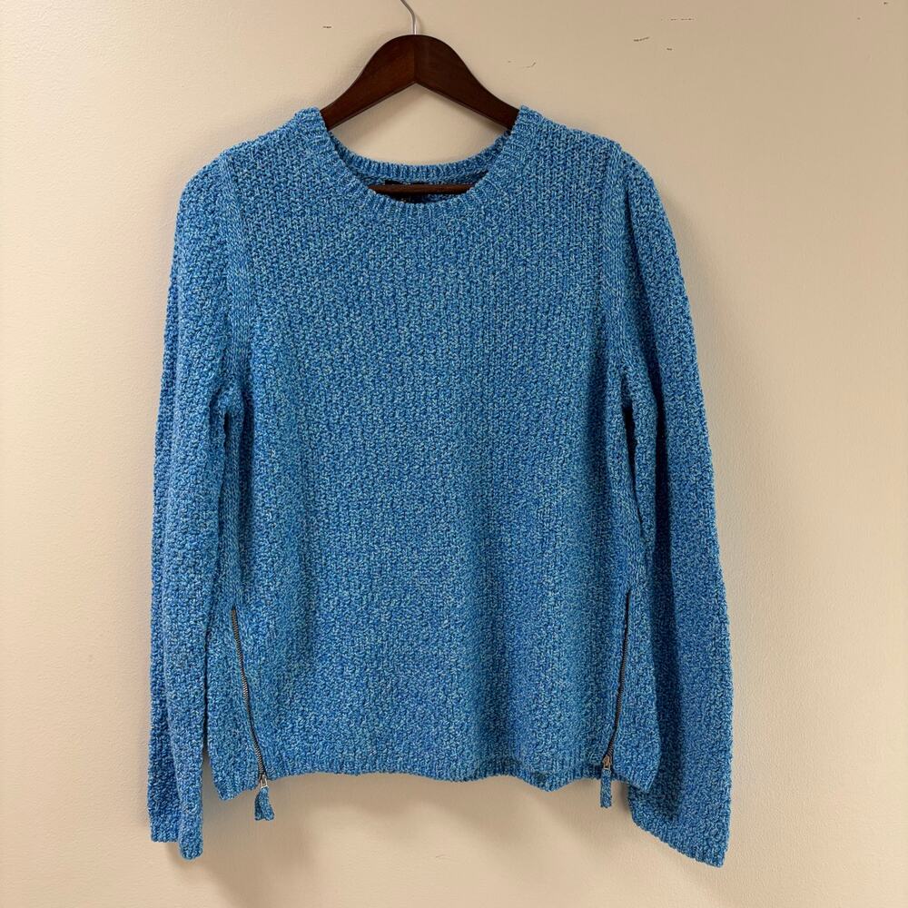 NWT Talbots Blue Knit Sweater Side Zippers Coastal Cottagecore Casual Chic L